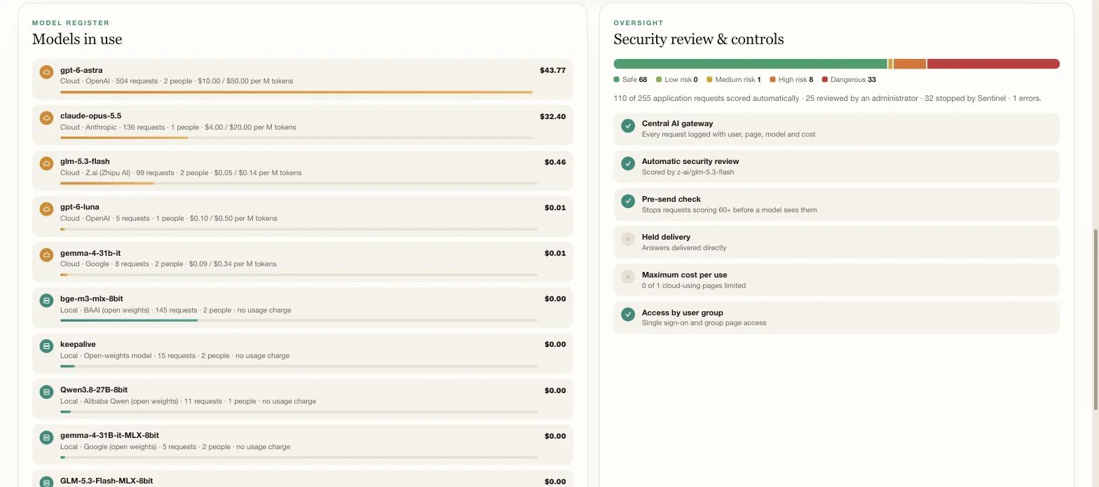 Models in use with their cost, and the security review and controls