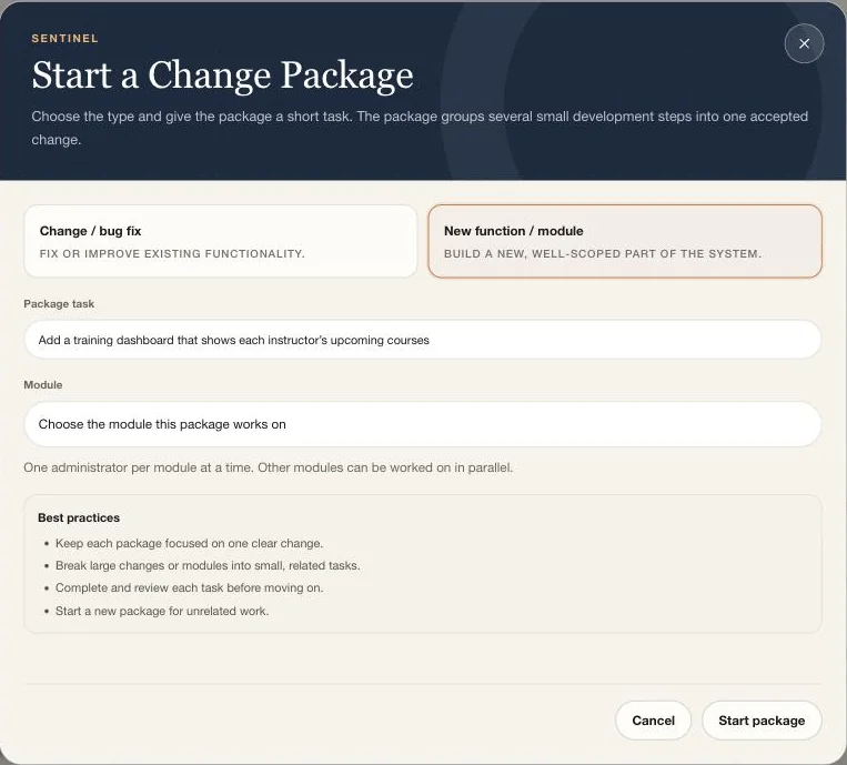 Sentinel's Start a Change Package dialog with a new training dashboard task